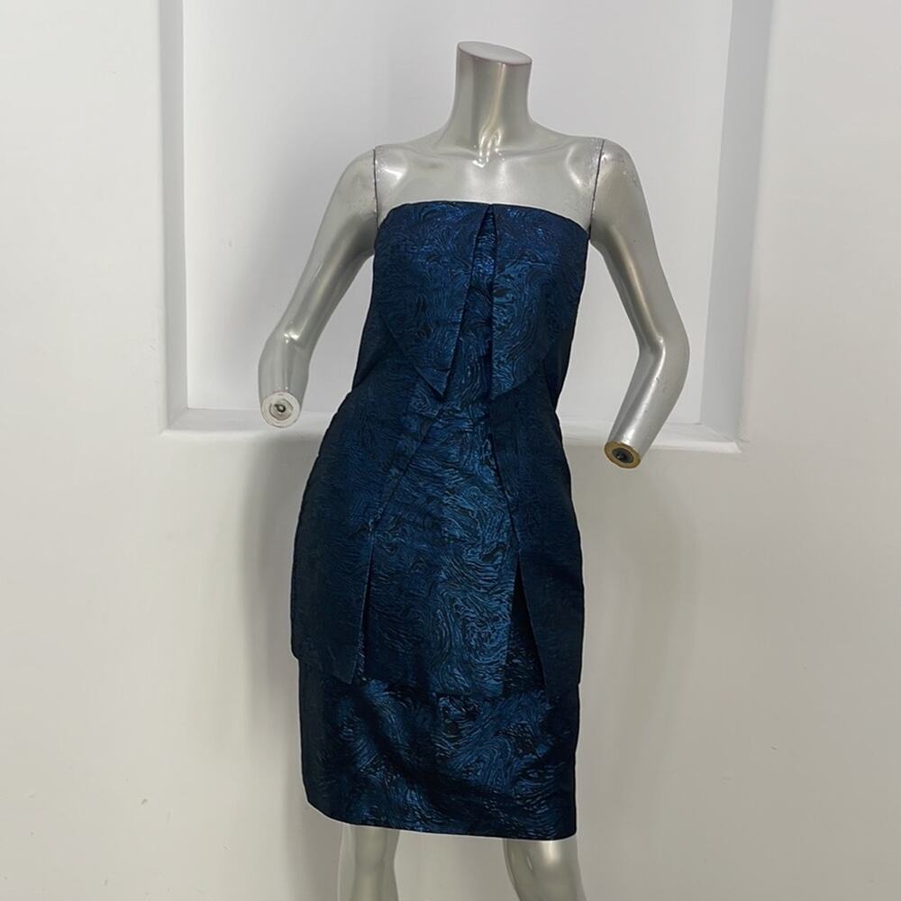 Brian Reyes Strapless Tiered Dress Blue Black Jacquard Size 4 Cocktail Party